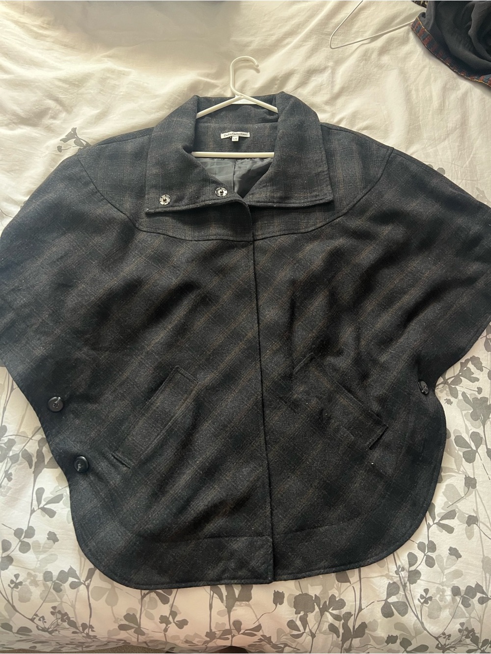 Dalia Collection Dark Charcoal Plaid Wool Cape